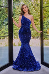 One Shoulder Sleeveless Open-Back Fitted Hidden Back Zipper Sequined Asymmetric Natural Waistline Fit-and-Flare Mermaid Dress with a Brush/Sweep Train