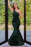 Fit-and-Flare Mermaid Natural Waistline One Shoulder Sleeveless Open-Back Fitted Asymmetric Hidden Back Zipper Sequined Dress with a Brush/Sweep Train