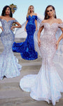 Fit-and-Flare Mermaid Back Zipper Draped Sequined Fitted Off the Shoulder Natural Waistline Dress with a Brush/Sweep Train