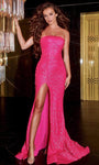 Sexy Sophisticated Strapless Straight Neck Mermaid Natural Waistline Slit Sequined Prom Dress with a Brush/Sweep Train