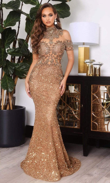 Sophisticated Fit-and-Flare Mermaid High-Neck Cutout Sheer Fitted Glittering Dress with a Brush/Sweep Train