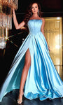 Sexy A-line Slit Back Zipper Open-Back Satin Straight Neck Spaghetti Strap Basque Corset Waistline Prom Dress with a Court Train