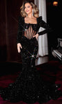 Square Neck Mermaid Basque Corset Waistline Sequined Sheer Beaded Fitted Puff Sleeves Sleeves Floor Length Evening Dress with a Brush/Sweep Train