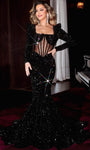 Sheer Beaded Fitted Sequined Floor Length Puff Sleeves Sleeves Mermaid Basque Corset Waistline Square Neck Evening Dress with a Brush/Sweep Train