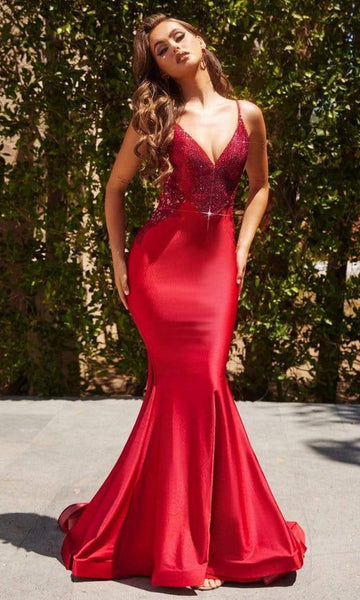 V-neck Glittering Lace-Up Fitted Open-Back Floor Length Natural Waistline Sleeveless Spaghetti Strap Mermaid Party Dress with a Brush/Sweep Train