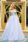 A-line Tulle Glittering Flowy Empire Natural Waistline Off the Shoulder Sweetheart Floor Length Evening Dress/Prom Dress with a Brush/Sweep Train