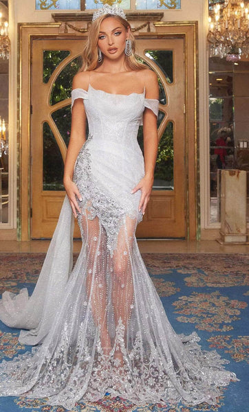 Cap Sleeves Off the Shoulder Spaghetti Strap Natural Waistline Scoop Neck Mermaid Beaded Draped Sheer Mesh Glittering Applique Open-Back Lace Prom Dress with a Chapel Train