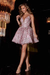 A-line V-neck Plunging Neck Sleeveless Spaghetti Strap Basque Waistline Gathered Beaded Fitted Sheer Sequined Fit-and-Flare Cocktail Short Dress