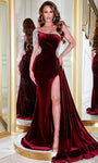 Sexy Velvet Sheath Mermaid Jeweled Cutout Slit Asymmetric Beaded Natural Waistline Off the Shoulder One Shoulder Spaghetti Strap Sheath Dress/Evening Dress with a Brush/Sweep Train With a Sash