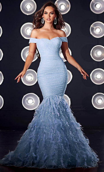 Mermaid Shirred Beaded Natural Waistline Off the Shoulder Prom Dress with a Brush/Sweep Train