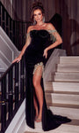 Mermaid Off the Shoulder Slit Beaded Jeweled Basque Corset Waistline Evening Dress with a Court Train