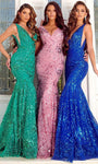 Sophisticated V-neck Natural Waistline Plunging Neck Mermaid Sleeveless Illusion Glittering Sheer Prom Dress with a Brush/Sweep Train