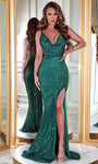 Sexy Sleeveless Spaghetti Strap Natural Waistline Sheath Goddess Open-Back Slit Sequined Cowl Neck Sheath Dress/Prom Dress with a Brush/Sweep Train