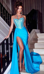 Sweetheart Basque Corset Waistline Mermaid Beaded Slit Jeweled Draped Prom Dress with a Court Train