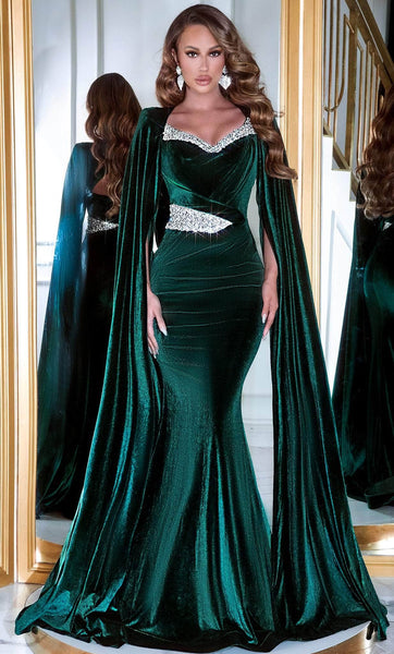 Fall Empire Waistline Velvet Sweetheart Mermaid Jeweled Draped Cutout Evening Dress with a Brush/Sweep Train