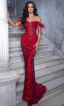 Sophisticated Cap Cold Shoulder Sleeves Off the Shoulder Spaghetti Strap Mermaid Basque Corset Waistline Sheer Illusion Beaded Glittering Prom Dress with a Brush/Sweep Train