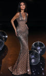 V-neck Sheath Sequined Fitted Geometric Print Sleeveless Polyester Natural Waistline Sheath Dress with a Brush/Sweep Train