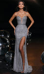 Sophisticated V-neck Sheath Glittering Slit Sheer Beaded Natural Waistline Sleeveless Spaghetti Strap Sheath Dress with a Brush/Sweep Train