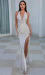 Sophisticated V-neck Sheath Natural Waistline Beaded Slit Sheer Sleeveless Sheath Dress with a Brush/Sweep Train