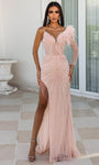 Sophisticated V-neck Sheath Natural Waistline Asymmetric Beaded Slit Sheath Dress with a Brush/Sweep Train