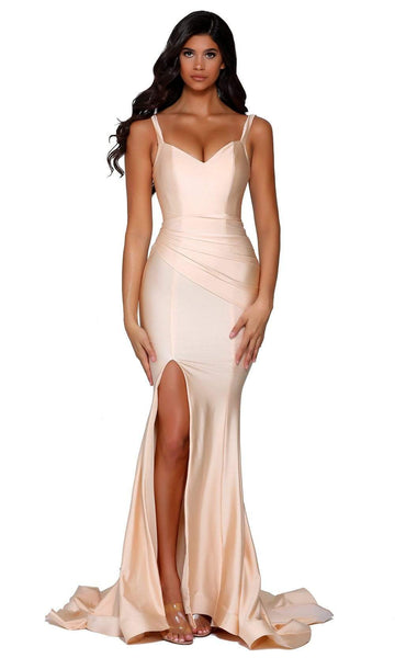 V-neck Sleeveless Floor Length Sweetheart Natural Waistline Polyester Asymmetric Hidden Back Zipper Slit Fitted Ruched Fit-and-Flare Mermaid Evening Dress/Prom Dress with a Brush/Sweep Train