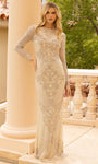Jeweled Neck Long Sleeves Beaded Fitted Natural Waistline Floor Length Sheath Sheath Dress/Evening Dress with a Brush/Sweep Train