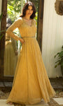 Modest A-line V-neck Natural Waistline Long Sleeves Vintage Back Zipper Flowy Beaded Striped Print 2010 Floor Length Dress