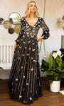 A-line V-neck Striped Dots Print Natural Waistline Open-Back Sheer Sequined Glittering Applique Long Sleeves Plunging Neck Floor Length Prom Dress with a Brush/Sweep Train