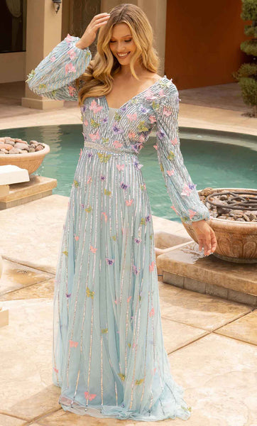 A-line V-neck Striped Dots Print Glittering Applique Sequined Sheer Open-Back Long Sleeves Natural Waistline Floor Length Plunging Neck Prom Dress with a Brush/Sweep Train
