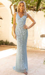 V-neck Floor Length Sheath Sleeveless Natural Waistline Cutout Goddess Fitted Sheath Dress with a Brush/Sweep Train