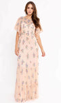 Floral Print Jeweled Neck Sweetheart Natural Waistline Flutter Sleeves Sheath Floor Length Sheer Flowy Back Zipper Tiered Sheath Dress with a Brush/Sweep Train