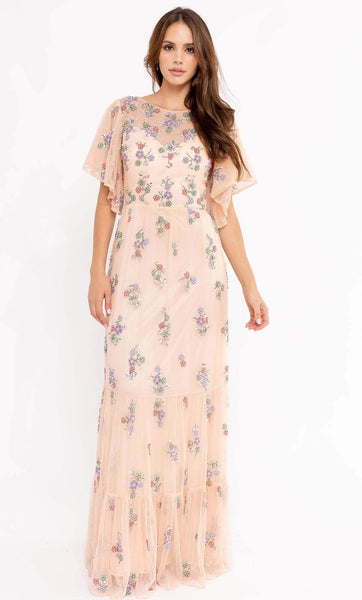 Sheath Flutter Sleeves Floor Length Floral Print Natural Waistline Back Zipper Flowy Tiered Sheer Jeweled Neck Sweetheart Sheath Dress with a Brush/Sweep Train