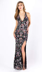 V-neck Sheath Beaded Slit Fitted Open-Back Sleeveless Sheath Dress with a Brush/Sweep Train by Primavera Couture
