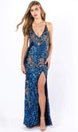 V-neck Plunging Neck Sleeveless Spaghetti Strap Sheath Slit Sequined Fitted Open-Back Natural Waistline Floor Length Sheath Dress