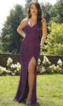 V-neck Sheath Sleeveless Spaghetti Strap Slit Back Zipper Open-Back Sequined Natural Waistline Sheath Dress/Evening Dress