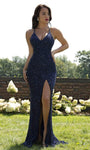 V-neck Sleeveless Spaghetti Strap Sheath Natural Waistline Slit Sequined Open-Back Back Zipper Sheath Dress/Evening Dress