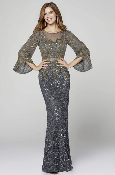 Bateau Neck Back Zipper Beaded Sequined Fitted Natural Waistline Bell Sleeves Sheath Floor Length Sheath Dress