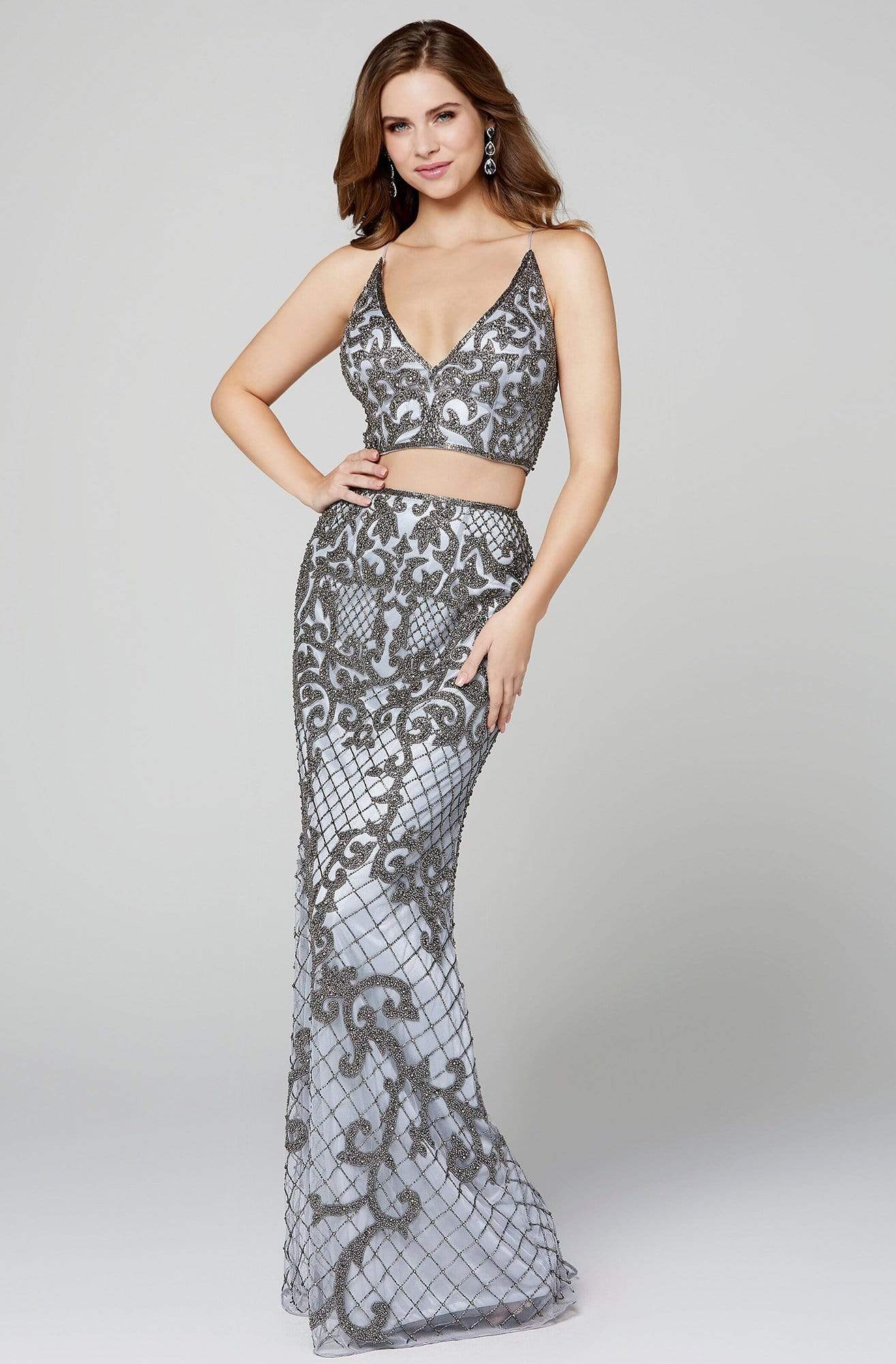 Primavera Couture - 3439 Two Piece Beaded Deep V-neck Sheath Dress
