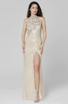 Sophisticated Halter Beaded Sequined Open-Back Back Zipper Slit Sheath Natural Waistline Sleeveless Sheath Dress with a Brush/Sweep Train