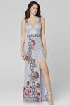 V-neck Sleeveless Floral Print Fitted Open-Back Slit Back Zipper Beaded Sequined Sheath Natural Waistline Fall Sheath Dress with a Brush/Sweep Train