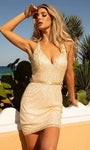 V-neck Beaded Sequined Fitted Open-Back Sheath Natural Waistline Halter Sleeveless Short Sheath Dress