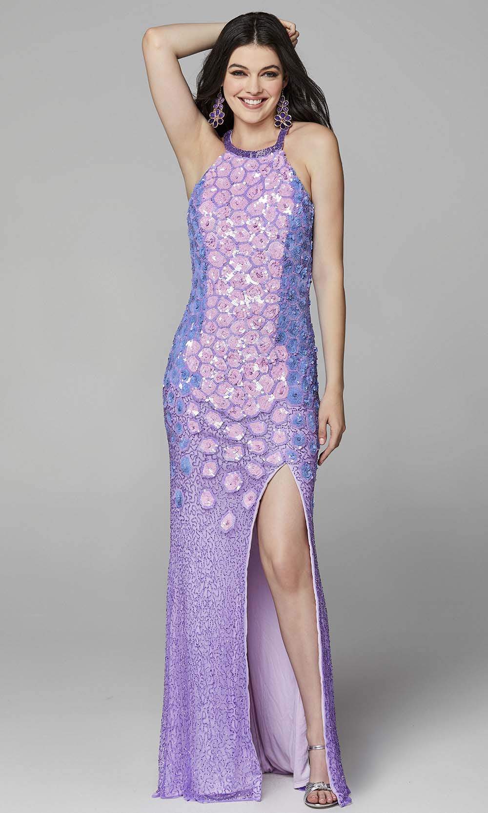 Primavera Couture - 3642 Sequin Halter Dress with Slit
