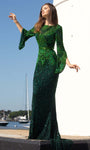 Sequined Fitted Beaded Natural Waistline Floor Length Bateau Neck Bell Sleeves Sheath Sheath Dress with a Brush/Sweep Train