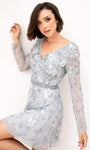 A-line V-neck Short V Back Flowy Back Zipper Beaded Applique Natural Waistline Long Sleeves Floral Print Dress