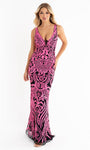 V-neck Cocktail Sleeveless Sheath Sequined Fitted Open-Back Sheer V Back Back Zipper Natural Waistline Plunging Neck Floral Print Sheath Dress