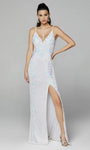 Sexy Sophisticated V-neck Sleeveless Spaghetti Strap Slit Sequined Open-Back Back Zipper Beaded Sheath Natural Waistline Plunging Neck Floral Print Cocktail Sheath Dress with a Brush/Sweep Train