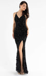 V-neck Sleeveless Spaghetti Strap Sequined Applique Sheer Beaded Back Zipper Slit Plunging Neck Natural Waistline Cocktail Sheath Sheath Dress