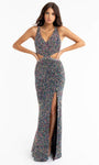 Sexy V-neck Sheath Natural Waistline Plunging Neck Sleeveless Cocktail Floor Length Back Zipper Slit Cutout Sequined Sheath Dress