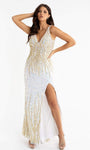 V-neck Back Zipper Sequined Fitted Slit V Back Cocktail Sheath Sleeveless Plunging Neck Natural Waistline Sheath Dress