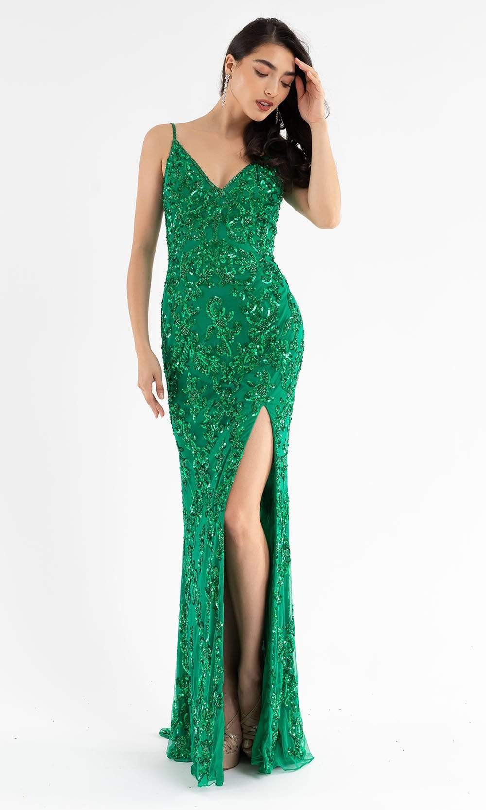 Primavera Couture - 3754 Sequin V-Neck High Slit Gown